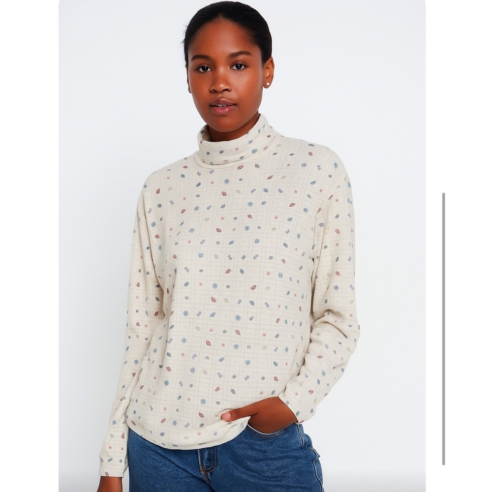 Vintage Bobbie Brooks Fall Leaves Turtleneck Top L | Cream Multicolor Retro Y2K
